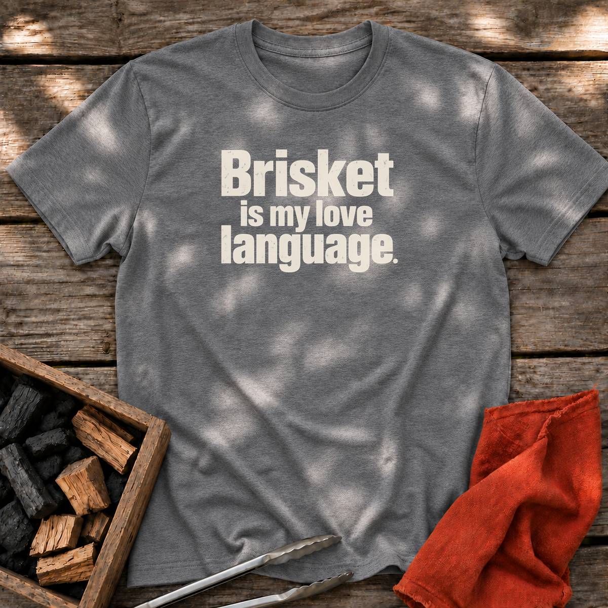 Graphite Heather T-shirt with the design “Brisket is my love language.” printed on the front.