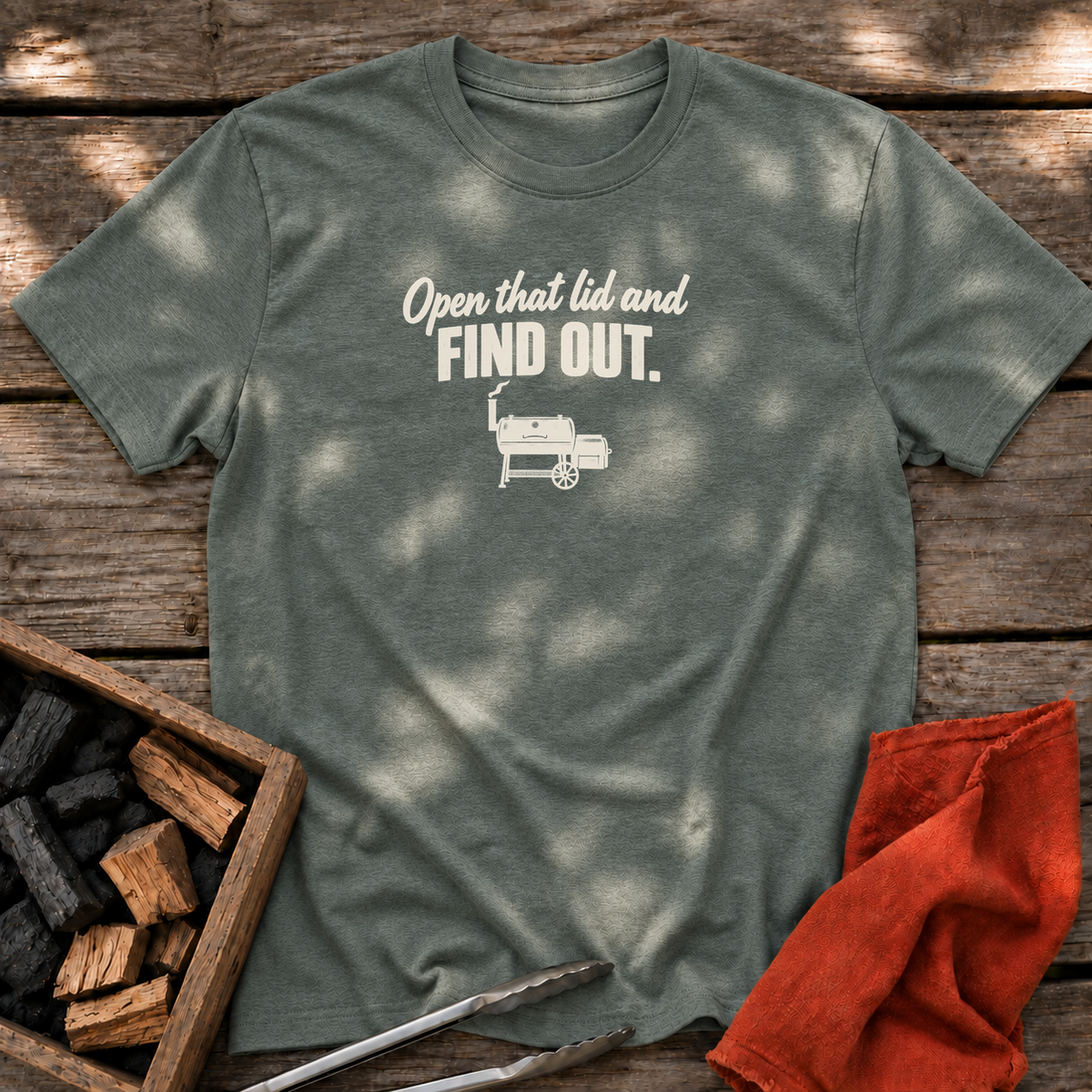 Heather Military Green T-shirt with the design “Open that lid and FIND OUT.” printed on the front.