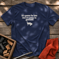 Navy T-shirt with the design “It's gonna be late (but it's gonna be goooood)” printed on the front.
