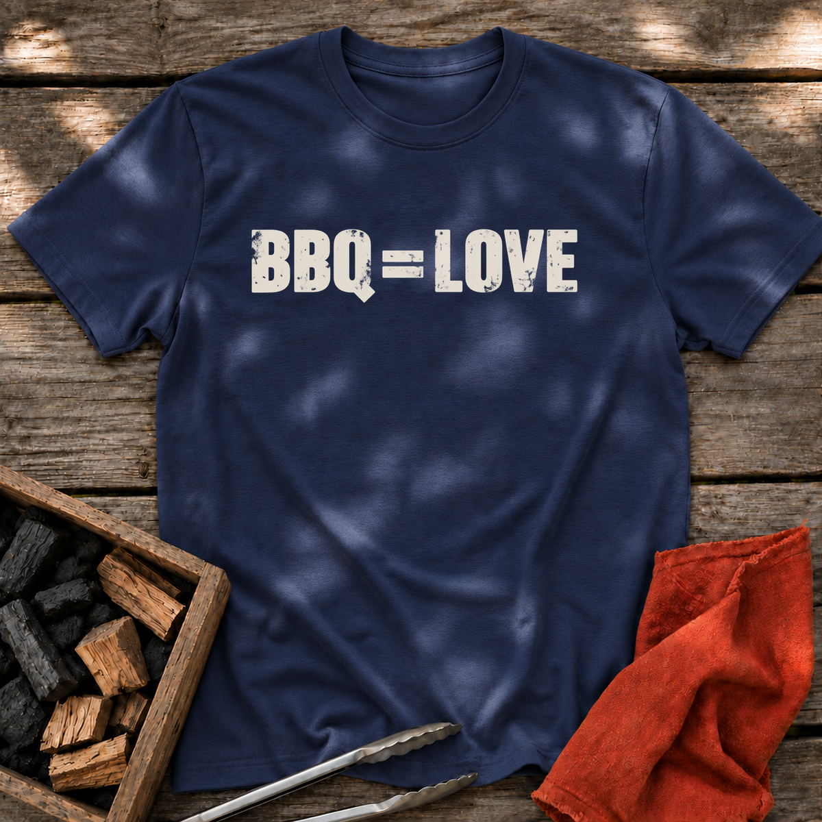 Navy T-shirt with the design “BBQ = LOVE” printed on the front.