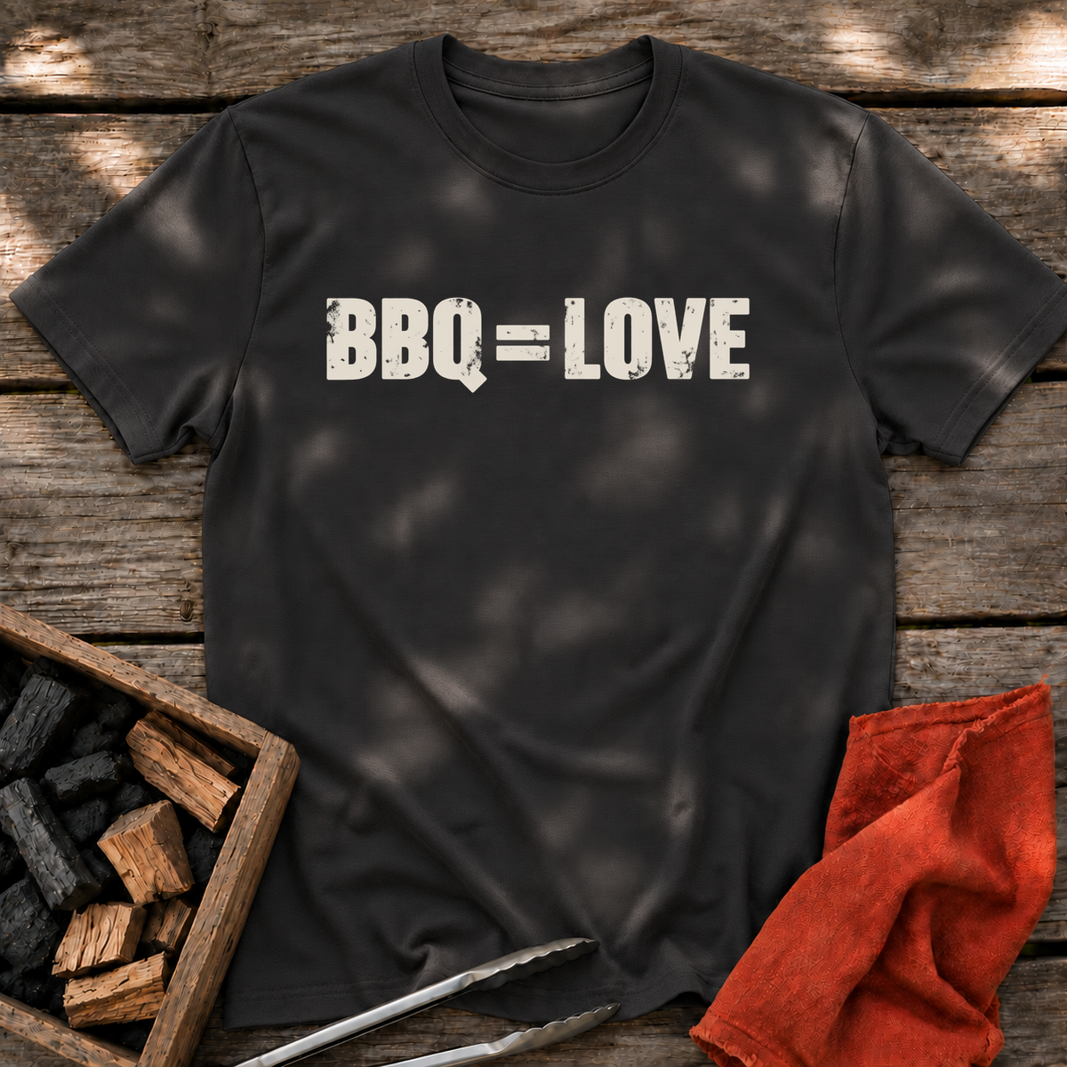 Black T-shirt with the design “BBQ = LOVE” printed on the front.