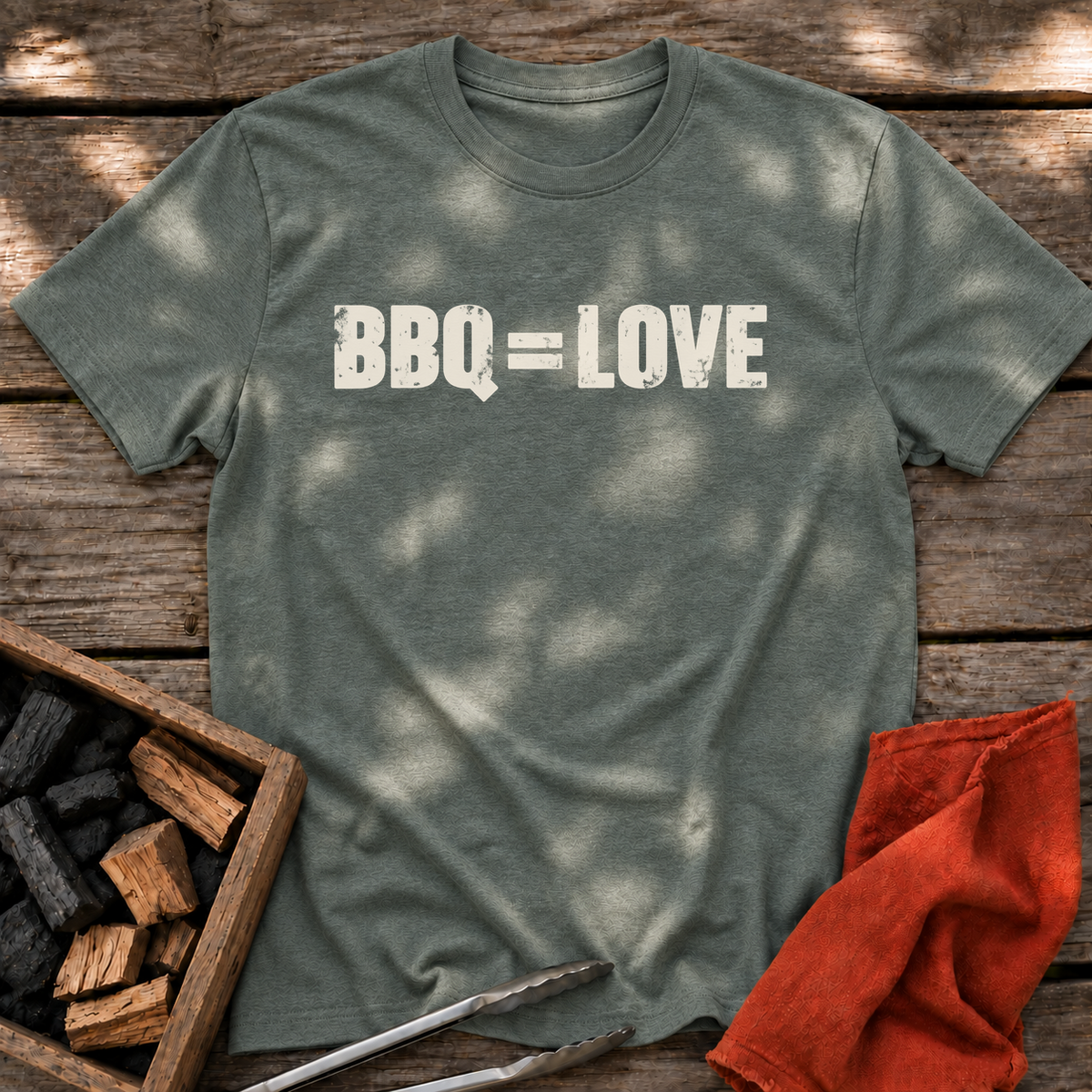 Heather Military Green T-shirt with the design “BBQ = LOVE” printed on the front.