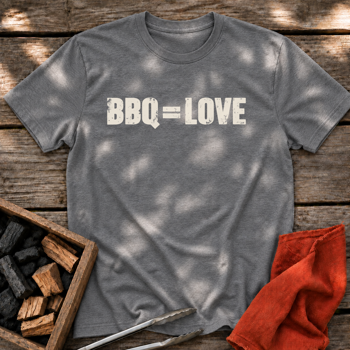 Graphite Heather T-shirt with the design “BBQ = LOVE” printed on the front.