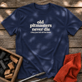 Navy T-shirt with the design “old pitmasters never die (they just fall off the bone)” printed on the front.