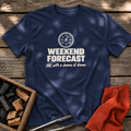 Navy T-shirt with the design “Weekend forecast: Hot, with a chance of dinner.” printed on the front.