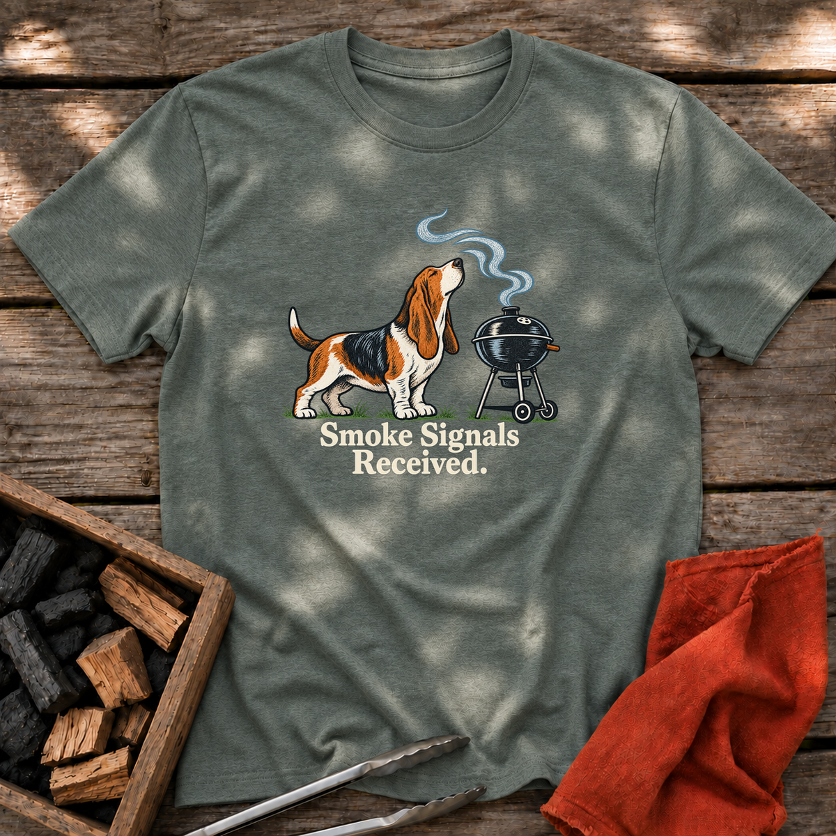 Heather Military Green T-shirt with the design “Smoke Signals Received.” printed on the front.