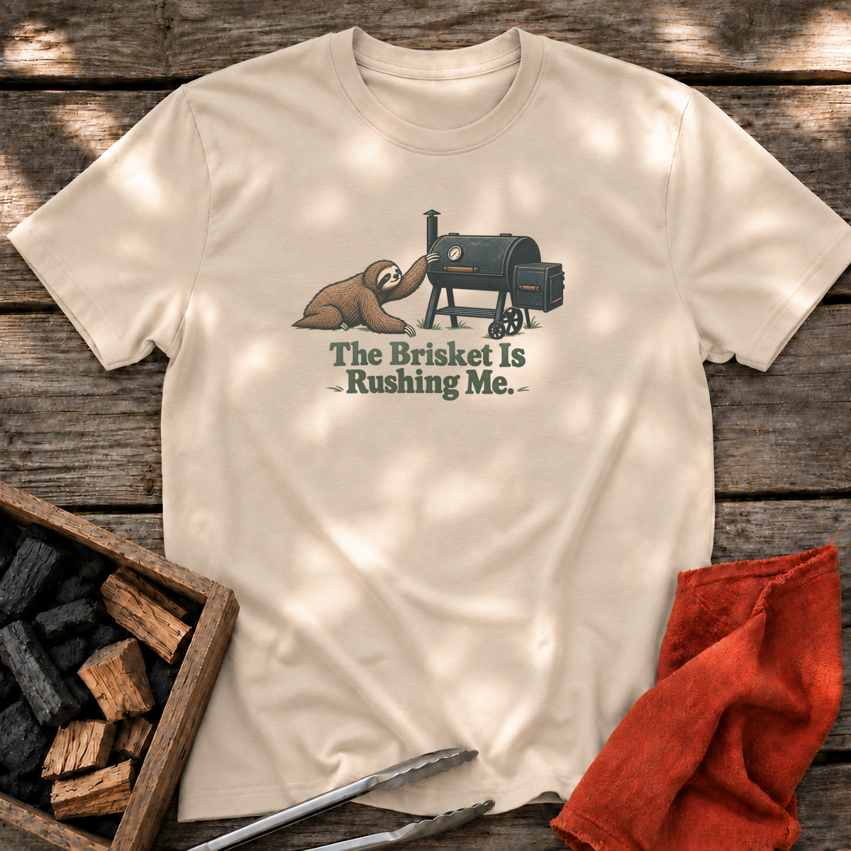 Sand T-shirt with the design “The Brisket Is Rushing Me.” printed on the front.