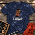 Navy T-shirt with the design “MY CAMERA ROLL IS MOSTLY MEAT” printed on the front.