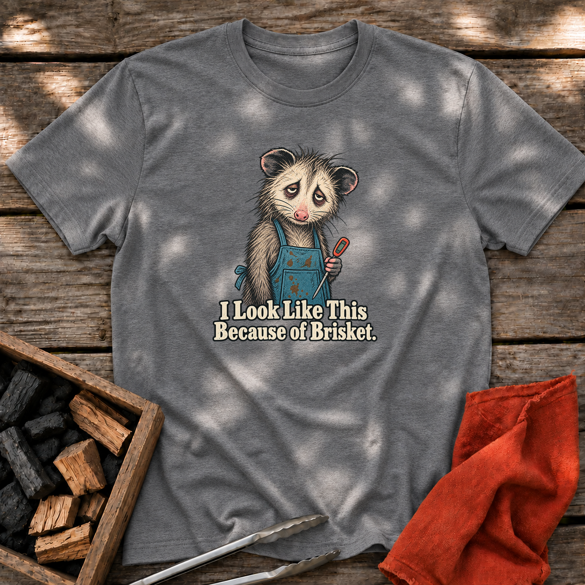 Graphite Heather T-shirt with the design “I Look Like This Because of Brisket.” printed on the front.