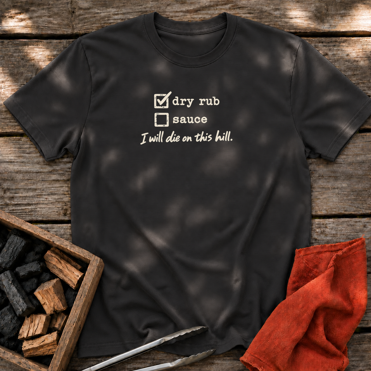 Black T-shirt with the design “I will die on this hill.” printed on the front.