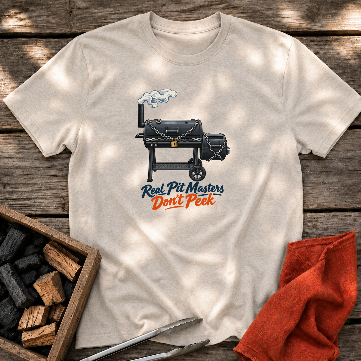 Natural T-shirt with the design “Real Pit Masters Don't Peek” printed on the front.