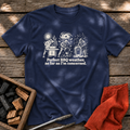 Navy T-shirt with the design “Perfect BBQ weather, as far as I'm concerned.” printed on the front.