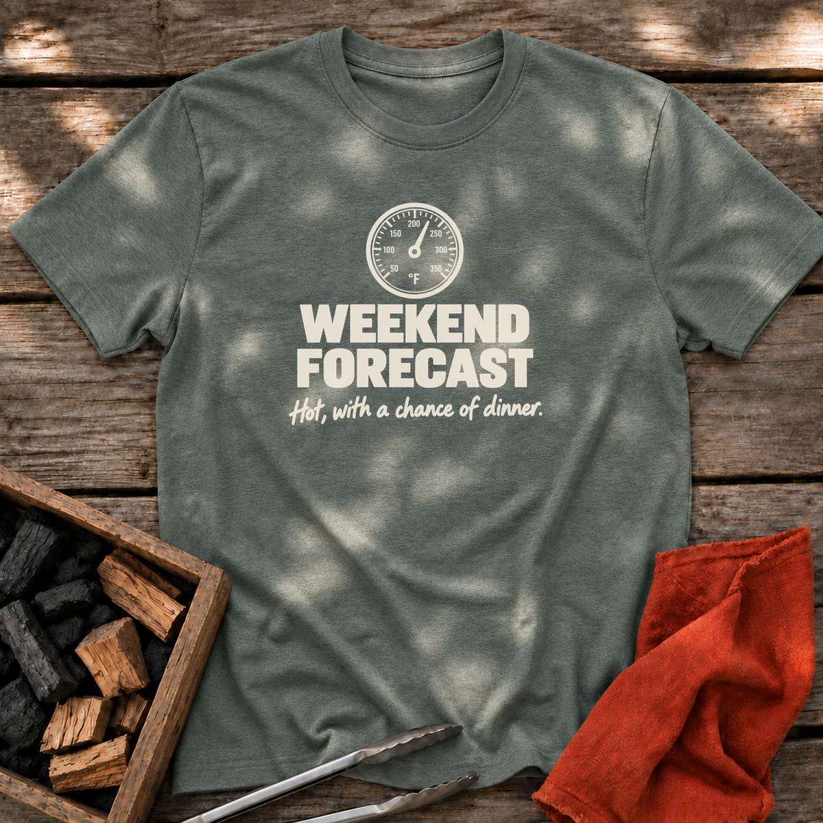 Heather Military Green T-shirt with the design “Weekend forecast: Hot, with a chance of dinner.” printed on the front.