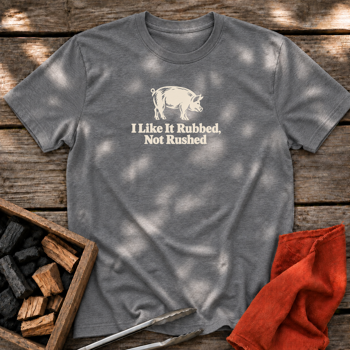 Graphite Heather T-shirt with the design “I Like It Rubbed, Not Rushed” printed on the front.