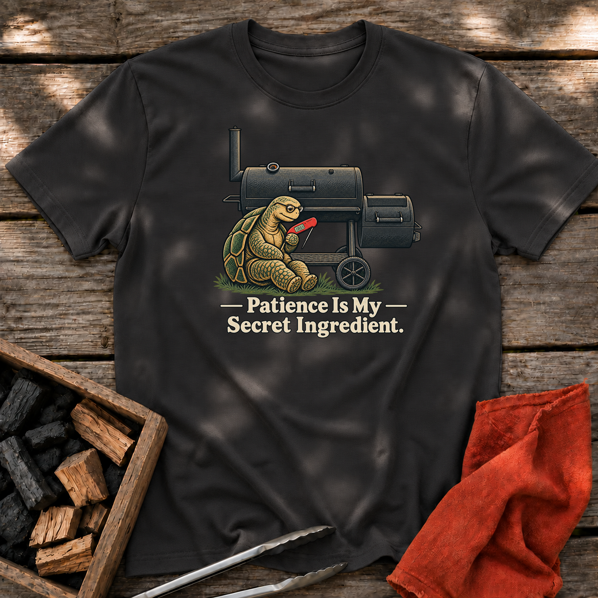 Black T-shirt with the design “Patience Is My Secret Ingredient.” printed on the front.