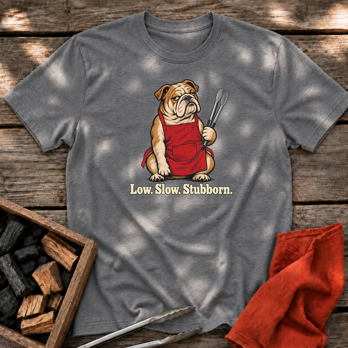 Graphite Heather T-shirt with the design “Low. Slow. Stubborn.” printed on the front.