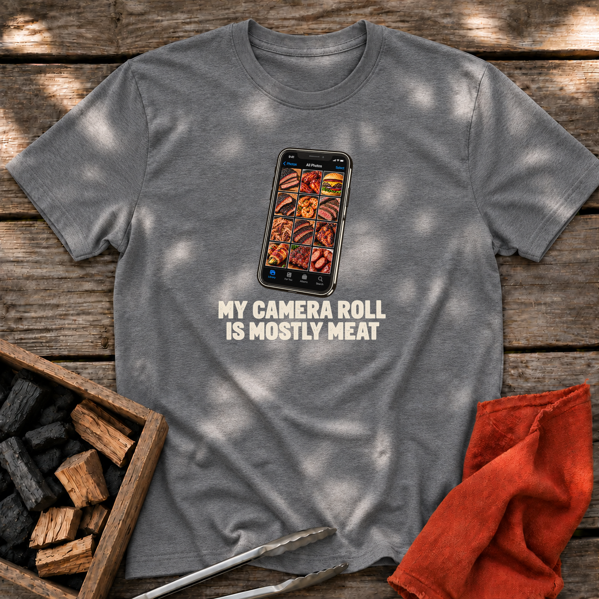 Graphite Heather T-shirt with the design “MY CAMERA ROLL IS MOSTLY MEAT” printed on the front.