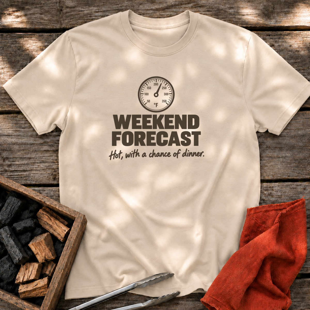 Sand T-shirt with the design “Weekend forecast: Hot, with a chance of dinner.” printed on the front.