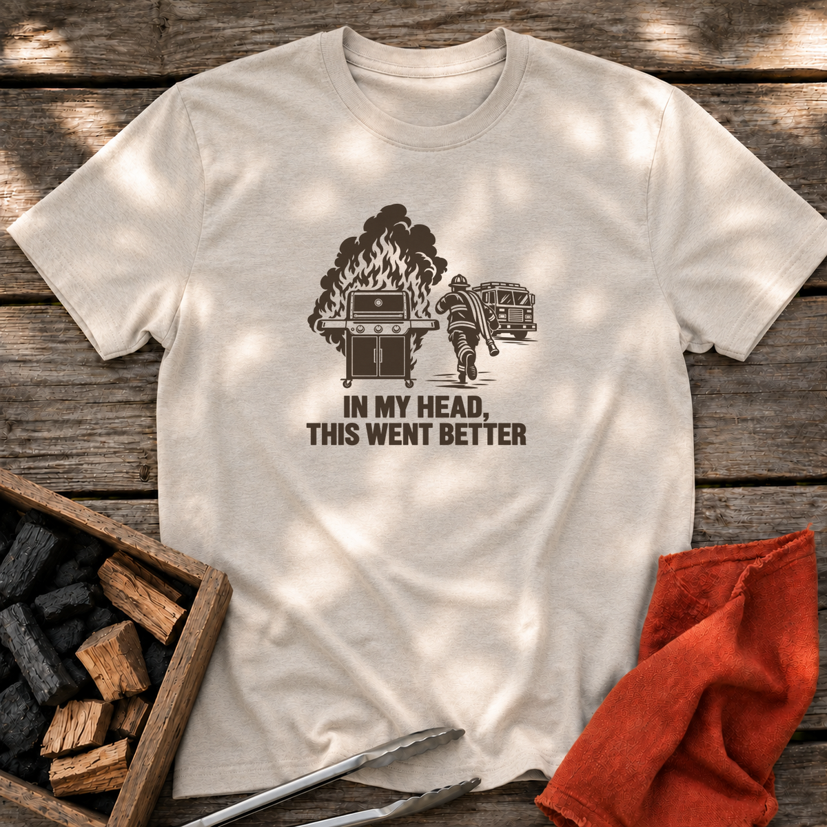Natural T-shirt with the design “IN MY HEAD, THIS WENT BETTER” printed on the front.